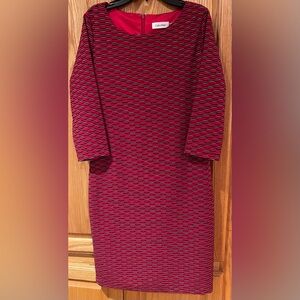 Calvin Klein Red Geometric Pattern Boat Neck 3/4 Sleeves‎ Sheath Dress Size 8